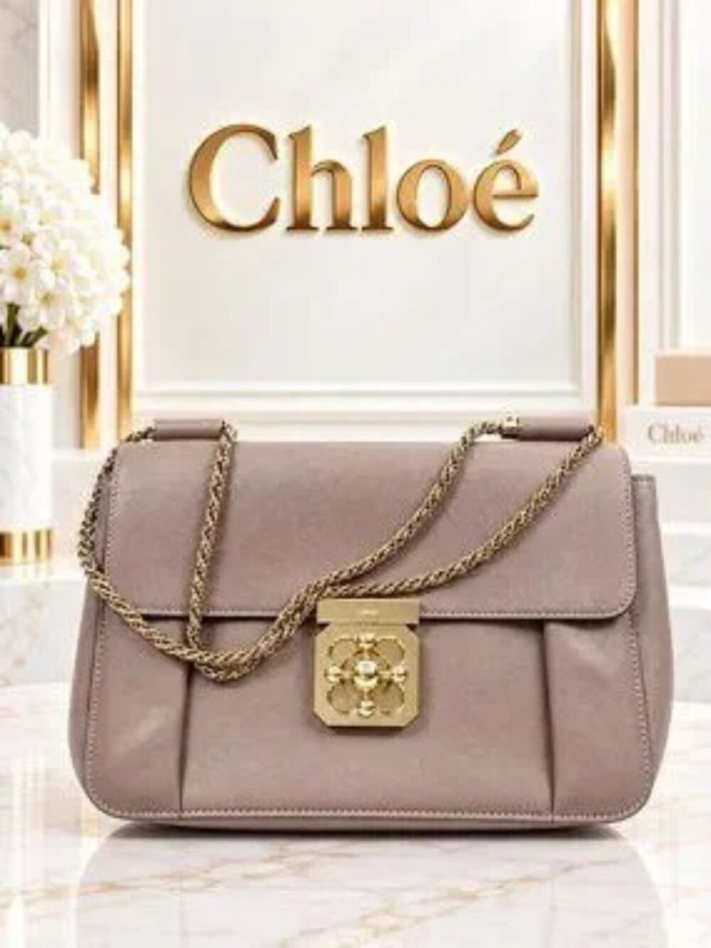 Authentic Chloe Elsie Taupe Leather Shoulder Bag Gold Chain Crossbody Purse